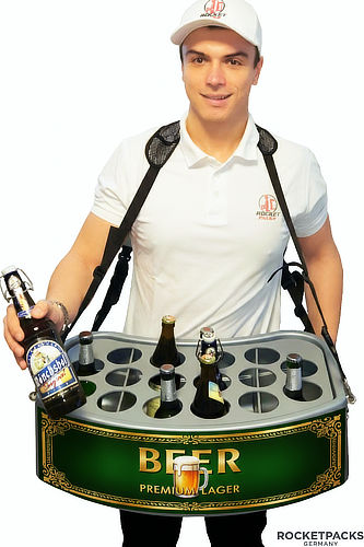 Event promoter wearing a beer-branded vendor tray with individual bottle holders and presenting a bottled drink.