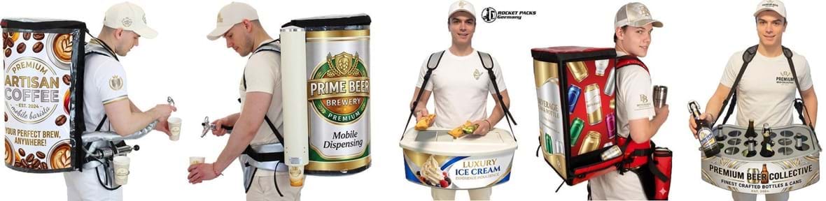Premium mobile billboard beverage backpack with high-end can and bottle advertisement for global drinks promotion.