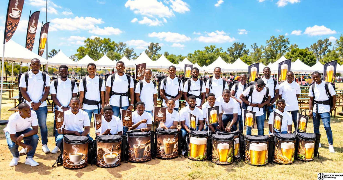 Large event promotion team with coffee and beer dispensing backpacks at an outdoor festival venue.