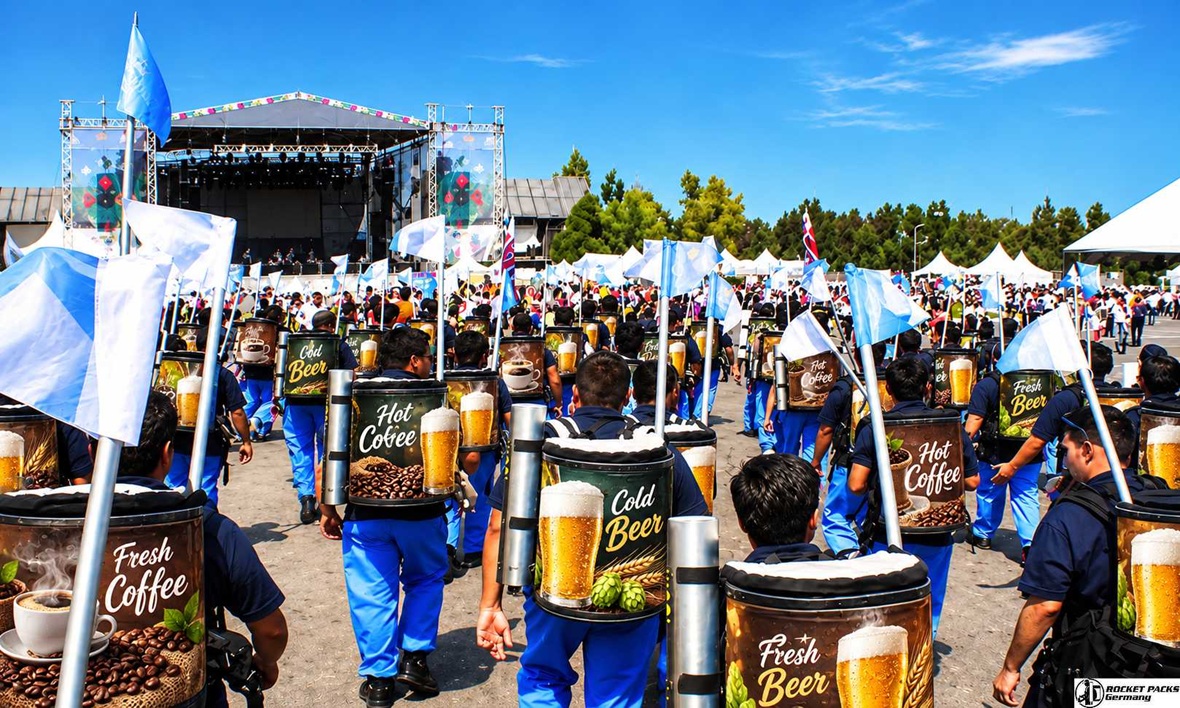 Mobile beverage vendors carrying beer and coffee dispensing backpacks through a crowded outdoor music festival toward the concert stage.