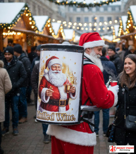 Mobile vendor serving hot mulled wine from an insulated beverage backpack at a New York City Christmas market in Brooklyn, surrounded by festive winter lights, wooden stalls, holiday music atmosphere and moving crowds enjoying warm drinks outdoors.