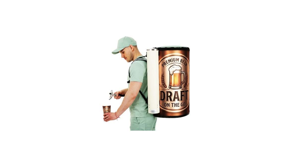 Promoter utilizing a portable beverage backpack system for direct marketing and mobile service on-the-go. 