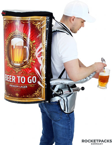 A professional RocketPacks draft beer dispenser backpack designed for high-speed mobile vending, featuring a premium gravity-fed pouring tap and an insulated black outer shell, perfect for serving fresh beer to large crowds in stadiums or at festivals.